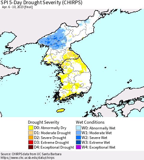 Korea SPI 5-Day Drought Severity (CHIRPS) Thematic Map For 4/6/2023 - 4/10/2023