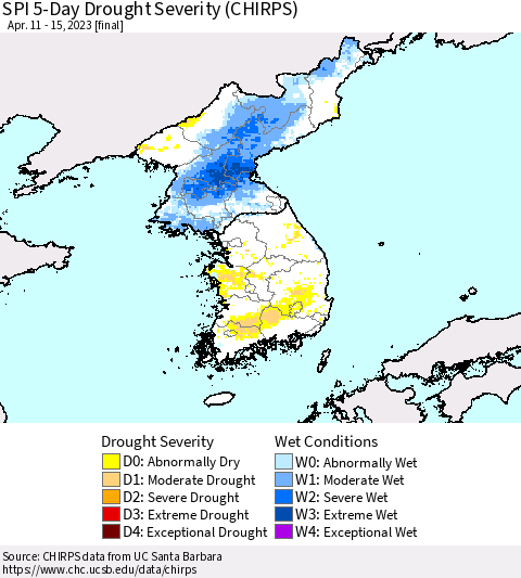 Korea SPI 5-Day Drought Severity (CHIRPS) Thematic Map For 4/11/2023 - 4/15/2023