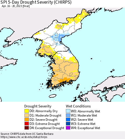 Korea SPI 5-Day Drought Severity (CHIRPS) Thematic Map For 4/16/2023 - 4/20/2023