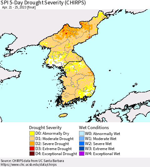 Korea SPI 5-Day Drought Severity (CHIRPS) Thematic Map For 4/21/2023 - 4/25/2023