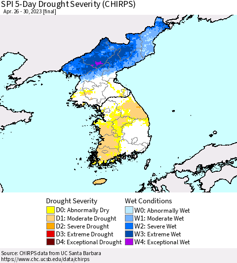 Korea SPI 5-Day Drought Severity (CHIRPS) Thematic Map For 4/26/2023 - 4/30/2023