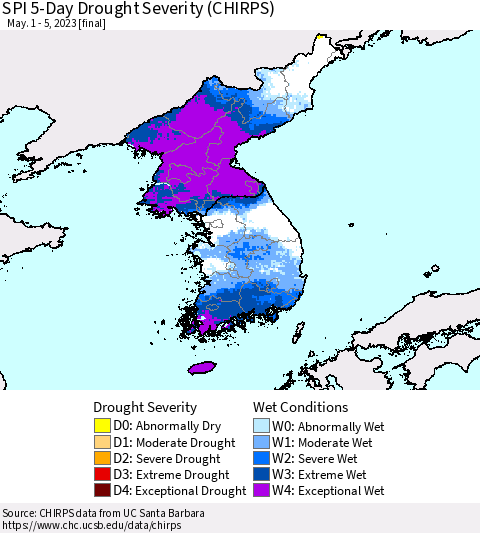 Korea SPI 5-Day Drought Severity (CHIRPS) Thematic Map For 5/1/2023 - 5/5/2023