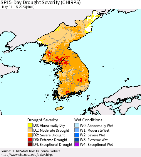 Korea SPI 5-Day Drought Severity (CHIRPS) Thematic Map For 5/11/2023 - 5/15/2023