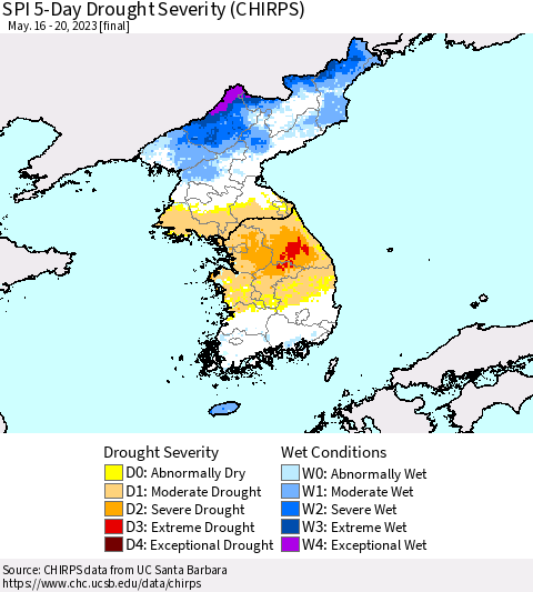 Korea SPI 5-Day Drought Severity (CHIRPS) Thematic Map For 5/16/2023 - 5/20/2023