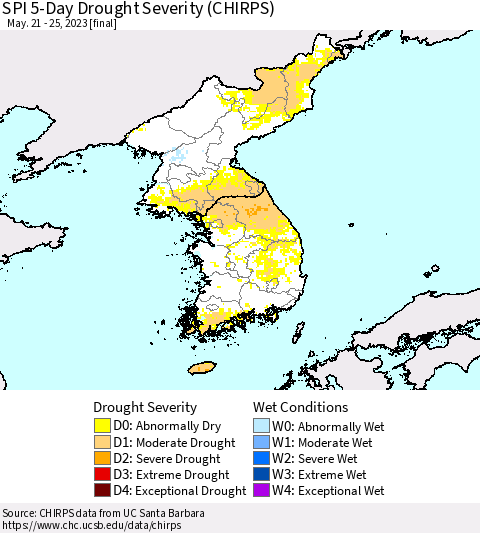 Korea SPI 5-Day Drought Severity (CHIRPS) Thematic Map For 5/21/2023 - 5/25/2023