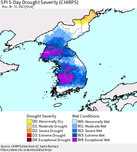 Korea SPI 5-Day Drought Severity (CHIRPS) Thematic Map For 5/26/2023 - 5/31/2023