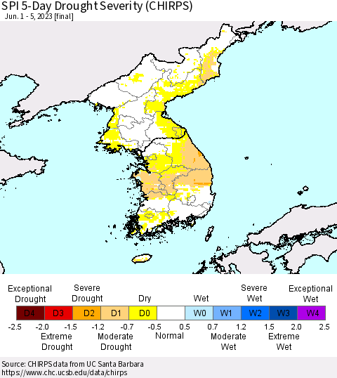 Korea SPI 5-Day Drought Severity (CHIRPS) Thematic Map For 6/1/2023 - 6/5/2023