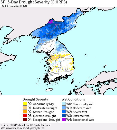 Korea SPI 5-Day Drought Severity (CHIRPS) Thematic Map For 6/6/2023 - 6/10/2023