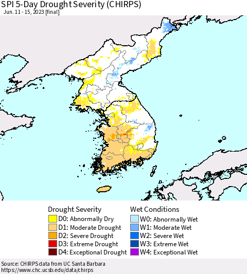 Korea SPI 5-Day Drought Severity (CHIRPS) Thematic Map For 6/11/2023 - 6/15/2023