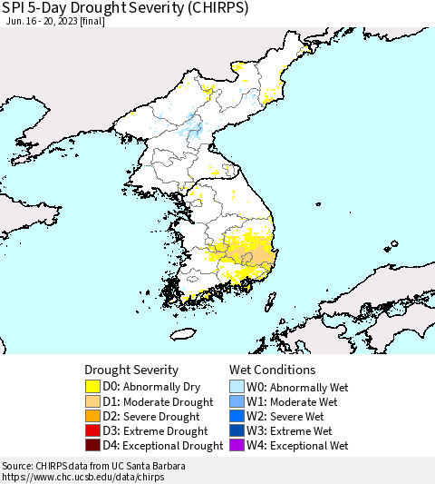Korea SPI 5-Day Drought Severity (CHIRPS) Thematic Map For 6/16/2023 - 6/20/2023