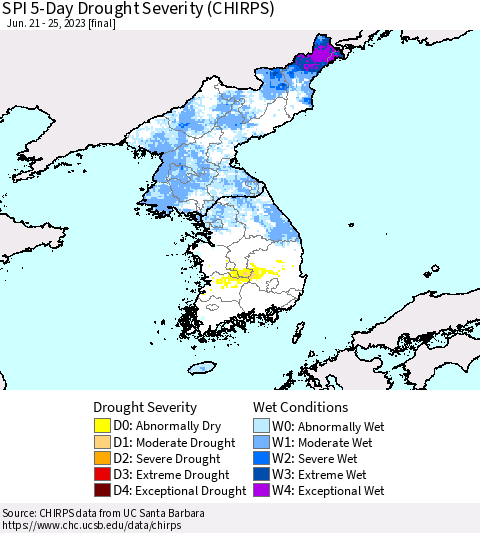 Korea SPI 5-Day Drought Severity (CHIRPS) Thematic Map For 6/21/2023 - 6/25/2023