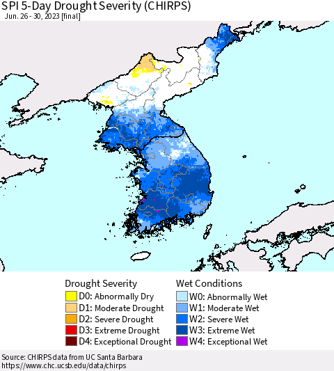 Korea SPI 5-Day Drought Severity (CHIRPS) Thematic Map For 6/26/2023 - 6/30/2023