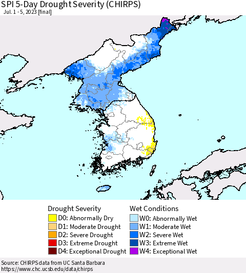 Korea SPI 5-Day Drought Severity (CHIRPS) Thematic Map For 7/1/2023 - 7/5/2023