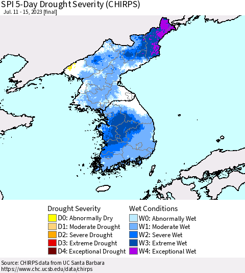 Korea SPI 5-Day Drought Severity (CHIRPS) Thematic Map For 7/11/2023 - 7/15/2023