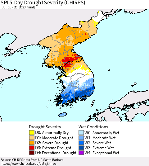 Korea SPI 5-Day Drought Severity (CHIRPS) Thematic Map For 7/16/2023 - 7/20/2023