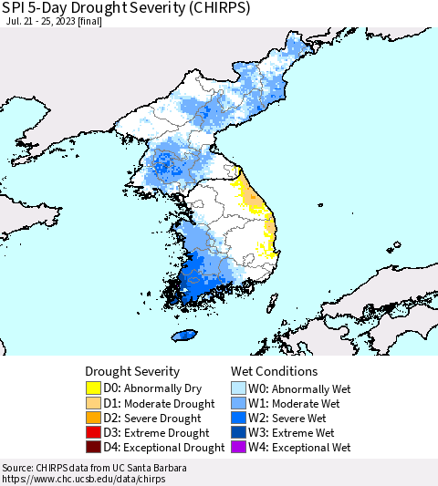 Korea SPI 5-Day Drought Severity (CHIRPS) Thematic Map For 7/21/2023 - 7/25/2023