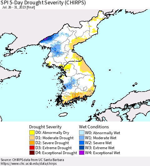 Korea SPI 5-Day Drought Severity (CHIRPS) Thematic Map For 7/26/2023 - 7/31/2023