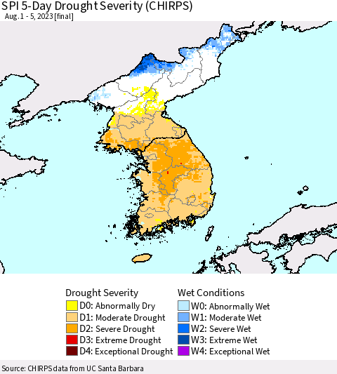 Korea SPI 5-Day Drought Severity (CHIRPS) Thematic Map For 8/1/2023 - 8/5/2023