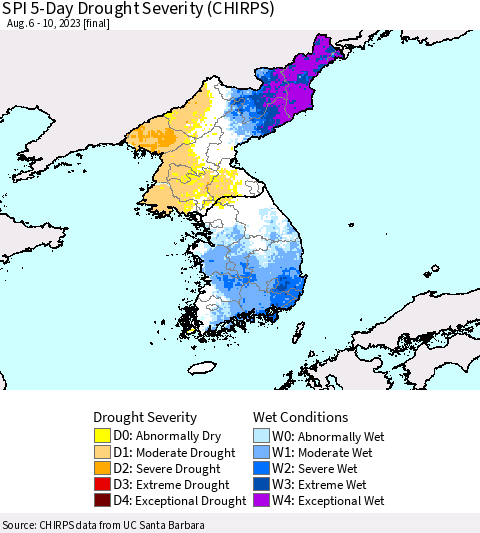 Korea SPI 5-Day Drought Severity (CHIRPS) Thematic Map For 8/6/2023 - 8/10/2023