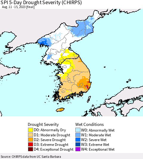 Korea SPI 5-Day Drought Severity (CHIRPS) Thematic Map For 8/11/2023 - 8/15/2023