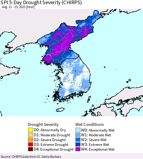 Korea SPI 5-Day Drought Severity (CHIRPS) Thematic Map For 8/21/2023 - 8/25/2023