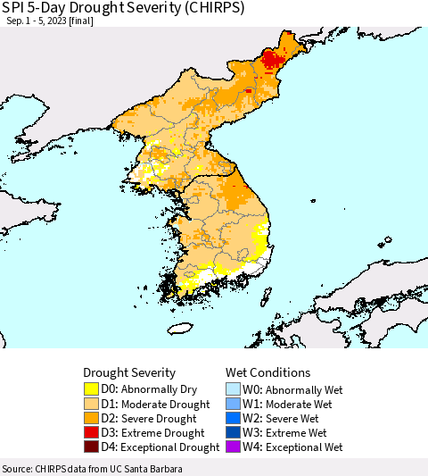 Korea SPI 5-Day Drought Severity (CHIRPS) Thematic Map For 9/1/2023 - 9/5/2023