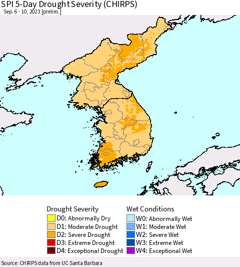 Korea SPI 5-Day Drought Severity (CHIRPS) Thematic Map For 9/6/2023 - 9/10/2023
