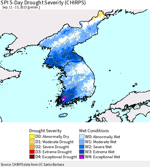 Korea SPI 5-Day Drought Severity (CHIRPS) Thematic Map For 9/11/2023 - 9/15/2023