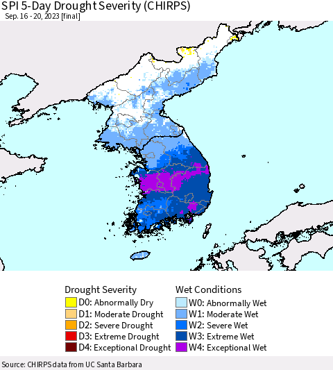 Korea SPI 5-Day Drought Severity (CHIRPS) Thematic Map For 9/16/2023 - 9/20/2023