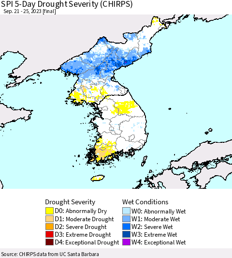 Korea SPI 5-Day Drought Severity (CHIRPS) Thematic Map For 9/21/2023 - 9/25/2023