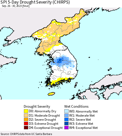 Korea SPI 5-Day Drought Severity (CHIRPS) Thematic Map For 9/26/2023 - 9/30/2023