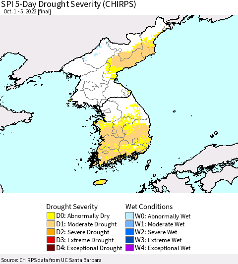 Korea SPI 5-Day Drought Severity (CHIRPS) Thematic Map For 10/1/2023 - 10/5/2023