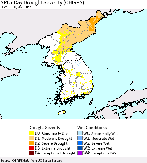 Korea SPI 5-Day Drought Severity (CHIRPS) Thematic Map For 10/6/2023 - 10/10/2023