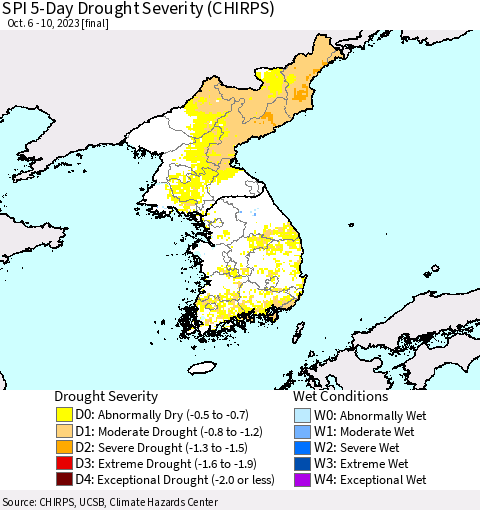 Korea SPI 5-Day Drought Severity (CHIRPS) Thematic Map For 10/6/2023 - 10/10/2023