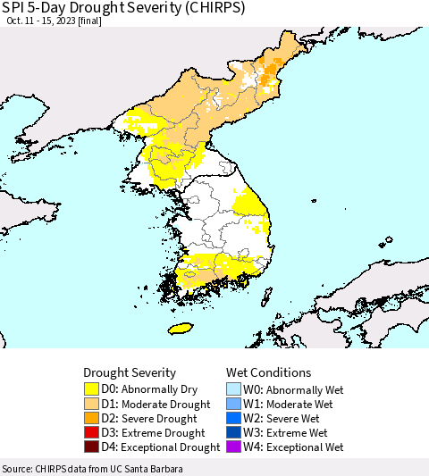 Korea SPI 5-Day Drought Severity (CHIRPS) Thematic Map For 10/11/2023 - 10/15/2023