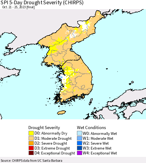 Korea SPI 5-Day Drought Severity (CHIRPS) Thematic Map For 10/21/2023 - 10/25/2023