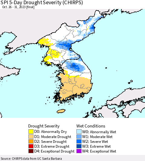 Korea SPI 5-Day Drought Severity (CHIRPS) Thematic Map For 10/26/2023 - 10/31/2023