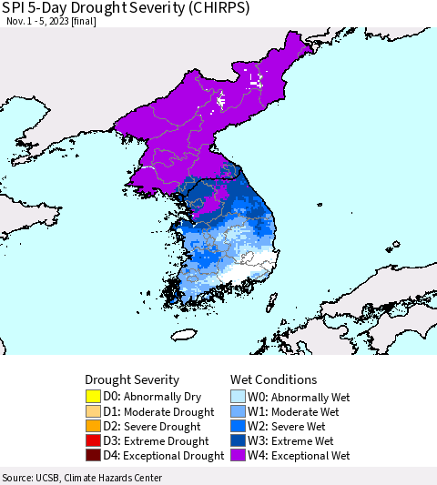 Korea SPI 5-Day Drought Severity (CHIRPS) Thematic Map For 11/1/2023 - 11/5/2023