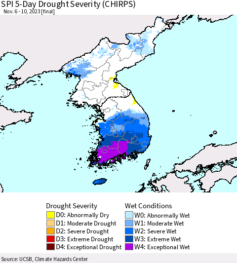 Korea SPI 5-Day Drought Severity (CHIRPS) Thematic Map For 11/6/2023 - 11/10/2023