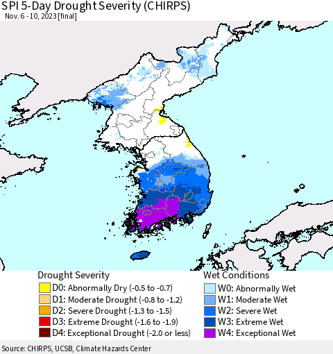 Korea SPI 5-Day Drought Severity (CHIRPS) Thematic Map For 11/6/2023 - 11/10/2023