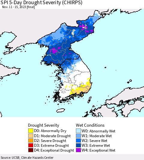 Korea SPI 5-Day Drought Severity (CHIRPS) Thematic Map For 11/11/2023 - 11/15/2023