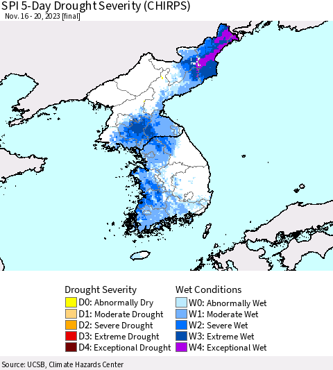 Korea SPI 5-Day Drought Severity (CHIRPS) Thematic Map For 11/16/2023 - 11/20/2023