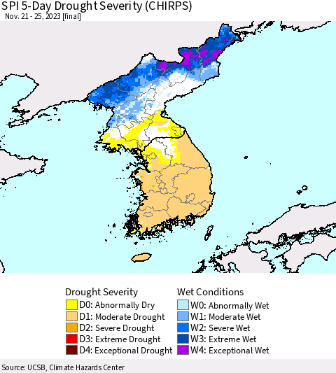 Korea SPI 5-Day Drought Severity (CHIRPS) Thematic Map For 11/21/2023 - 11/25/2023