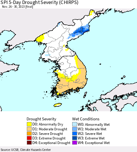 Korea SPI 5-Day Drought Severity (CHIRPS) Thematic Map For 11/26/2023 - 11/30/2023