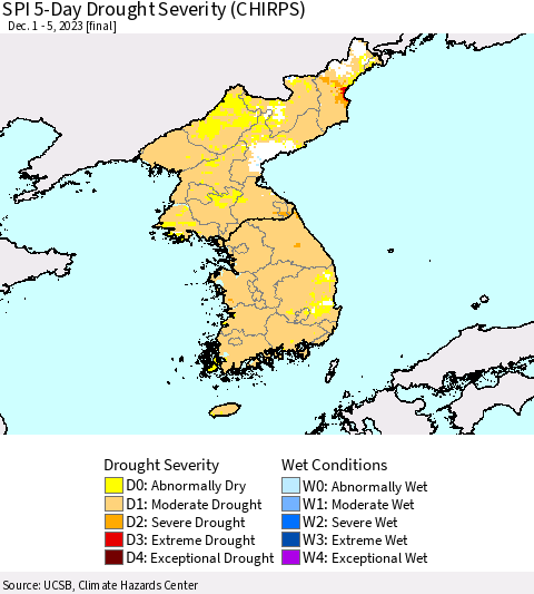 Korea SPI 5-Day Drought Severity (CHIRPS) Thematic Map For 12/1/2023 - 12/5/2023