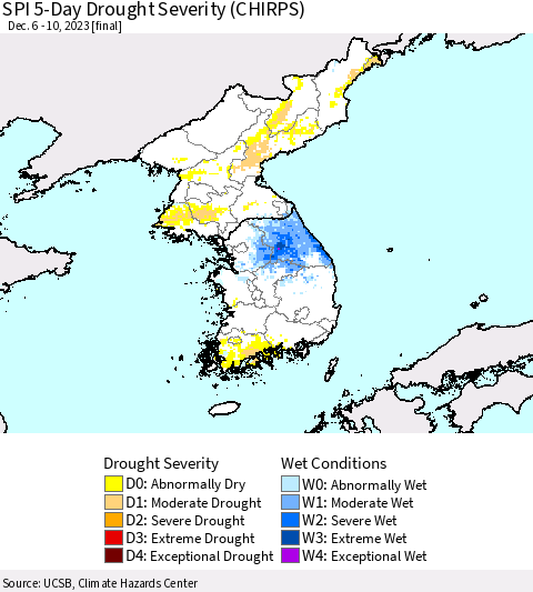 Korea SPI 5-Day Drought Severity (CHIRPS) Thematic Map For 12/6/2023 - 12/10/2023