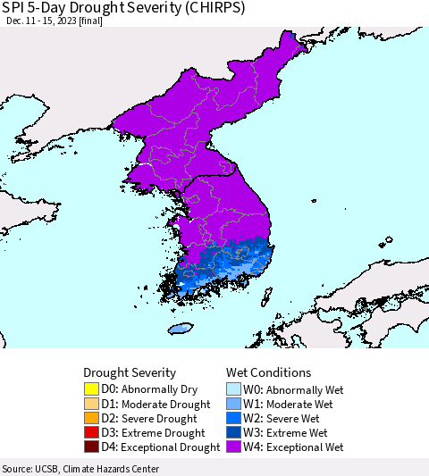 Korea SPI 5-Day Drought Severity (CHIRPS) Thematic Map For 12/11/2023 - 12/15/2023