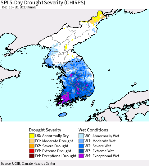 Korea SPI 5-Day Drought Severity (CHIRPS) Thematic Map For 12/16/2023 - 12/20/2023