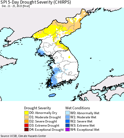 Korea SPI 5-Day Drought Severity (CHIRPS) Thematic Map For 12/21/2023 - 12/25/2023
