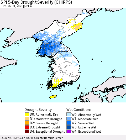Korea SPI 5-Day Drought Severity (CHIRPS) Thematic Map For 12/26/2023 - 12/31/2023